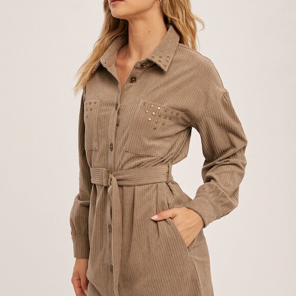 HEM & THREAD Taupe Corduroy Belted Shirt Dress, Stud Detail Utility Style - Picture 5 of 8